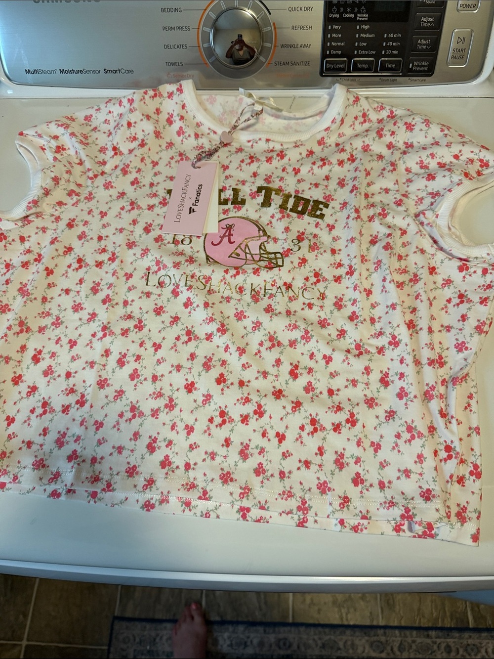 Love shack fancy x fanatics White Tee with Pink Floral Alabama Helmet Graphic.